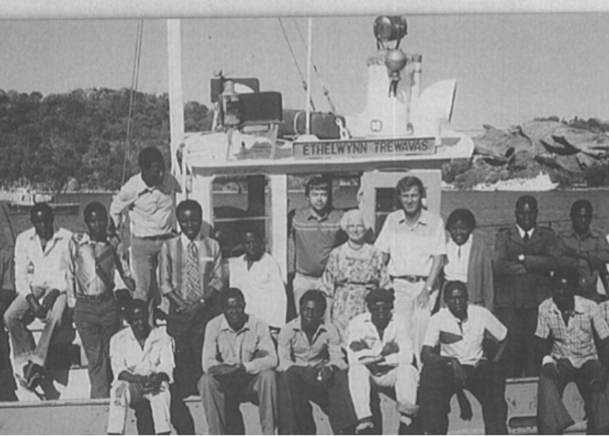 Ethelwynn Trewavas aboard the Malawian Fisheries vessel, RV Ethelwynn Trewavas, at Monkey Bay, Malawi , 1985. Photograph by Rosemary Lowe-McConnell.   (Source:  Noakes, DLG, (1994) The life and work of Ethelwynn Trewavas: beyond the focus on tilipiine cichlids. Environmental Biology of Fishes 41, 31-49, p39.)