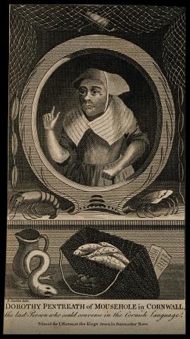 An engraving of Dorothy Pentreath. She is shown inside an oval frame, surrounded by fish and fishing equipment.