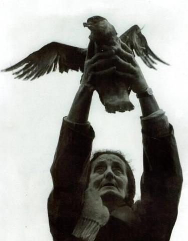 A photograph of Dorothy Yglesias releasing a bird. She is lifting the bird into the air above her head.