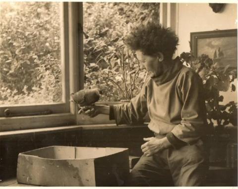 A photograph of Phyllis Yglesias with a pigeon perched on her finger.